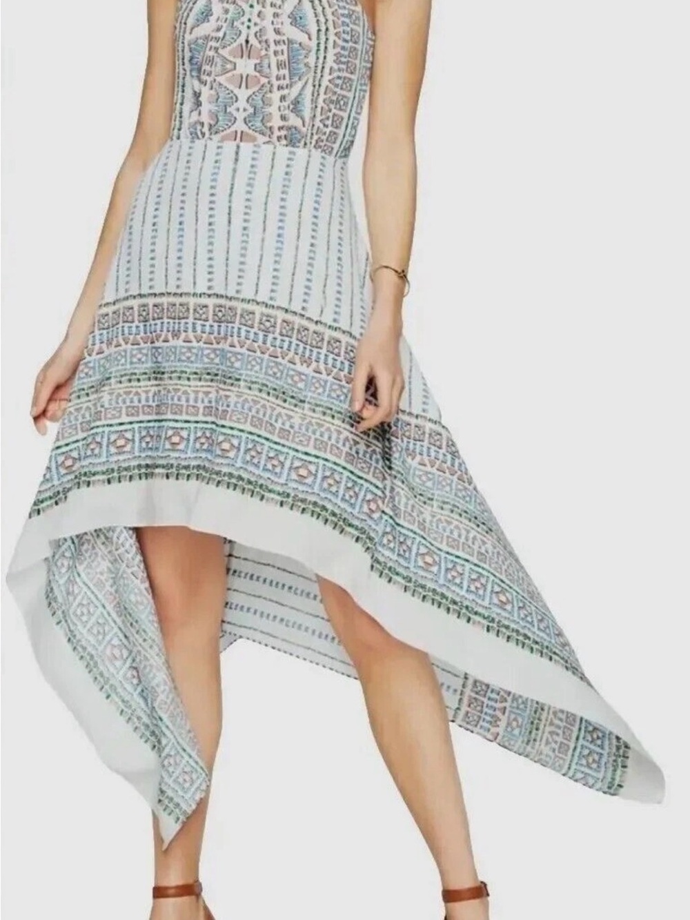 BCBG Printed High-Low Midi Skirt in White, Teal, and Soft Pink